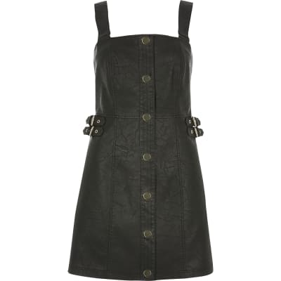 Black faux leather pinafore mini dress