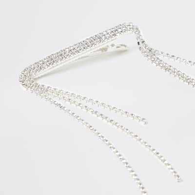Silver colour diamante tassel hair clip