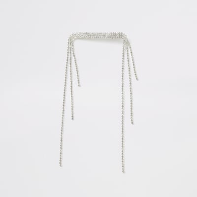 Silver colour diamante tassel hair clip