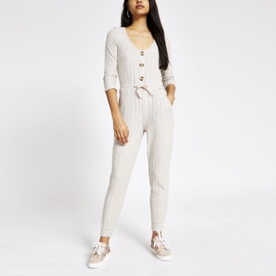 Cream long sleeve ribbed pyjama jumpsuit | River Island