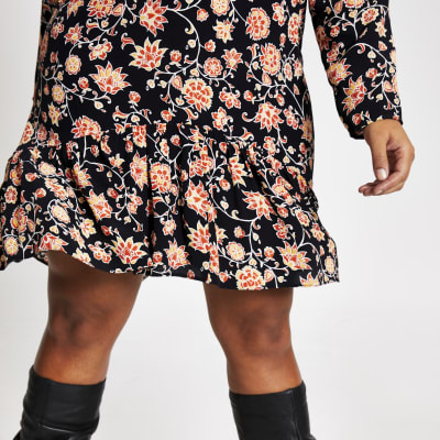 Plus black floral midi swing dress