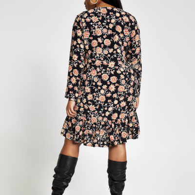 Plus black floral midi swing dress