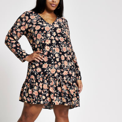 Plus black floral midi swing dress
