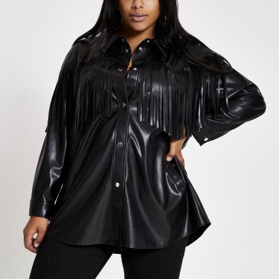 Plus black faux leather fringe shirt jacket