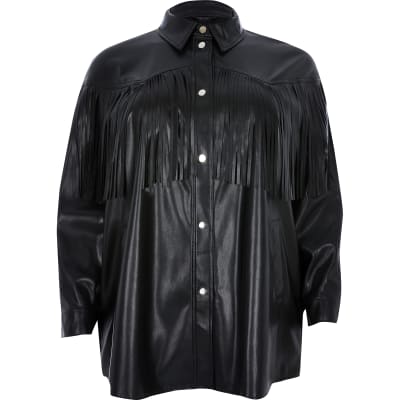 Plus black faux leather fringe shirt jacket