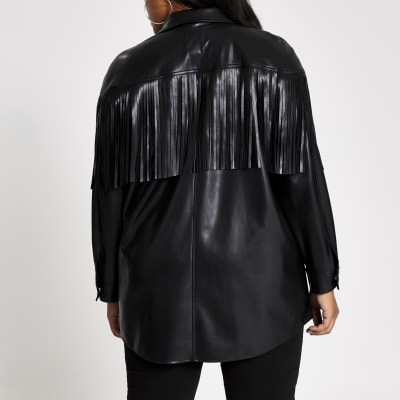 Plus black faux leather fringe shirt jacket