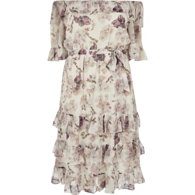 Plus pink floral bardot ruffle midi dress