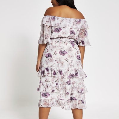 Plus pink floral bardot ruffle midi dress