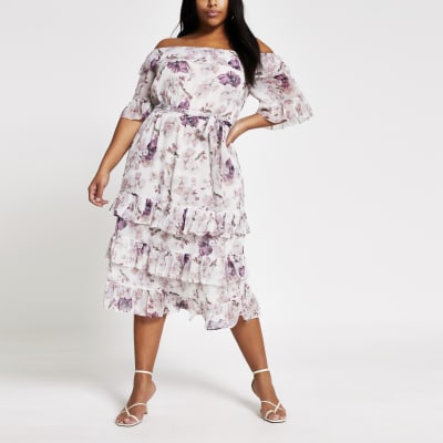 Plus pink floral bardot ruffle midi dress