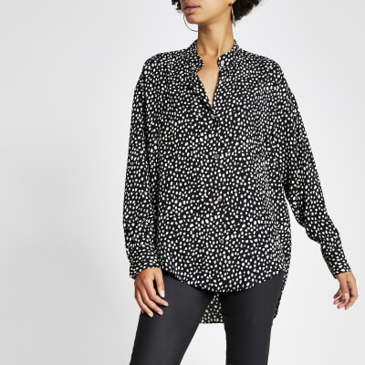 Black print grandad collar long sleeve shirt