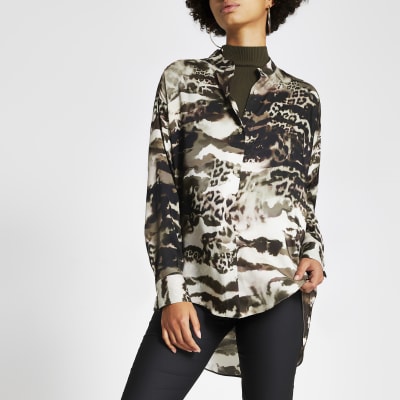 Khaki print grandad collar long sleeve shirt
