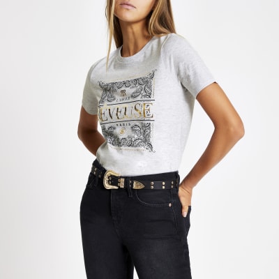 Grijs T-shirt met paisleyprint en 'Reveuse'-tekst