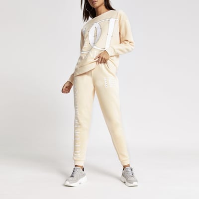 Beige printed diamante joggers