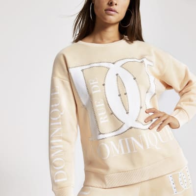 Sweat beige imprimé ample à strass