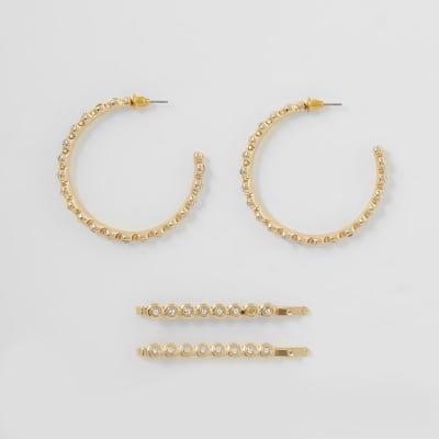 Lot de créoles et barrettes dorées à strass