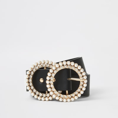 Black pearl and diamante double ring belt