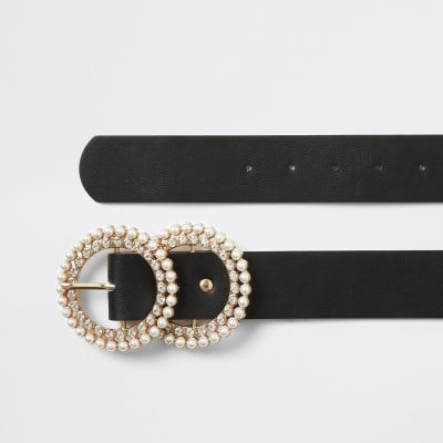 Ceinture noire avec deux anneaux en strass et perles