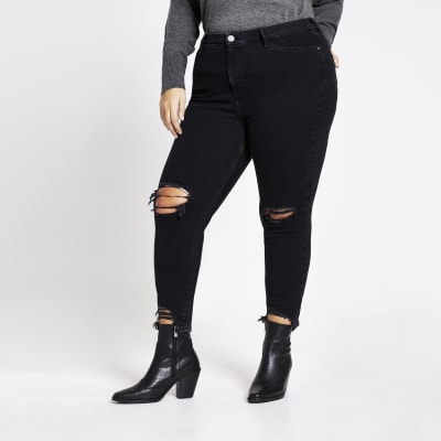 Plus – Schwarze Molly-Jeggings mit halbhohem Bund im Used-Look