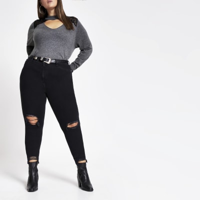Plus black Molly ripped mid rise jeggings