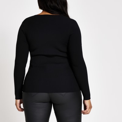 Plus black embroidered V neck top