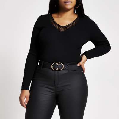 Plus black embroidered V neck top