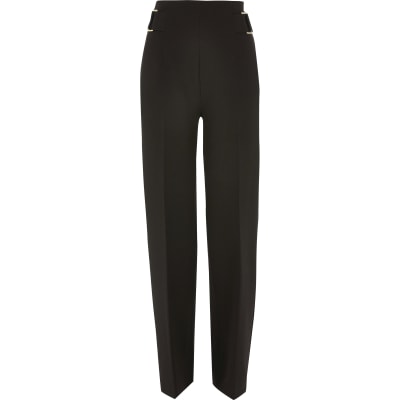 Black buckle side wide leg trousers