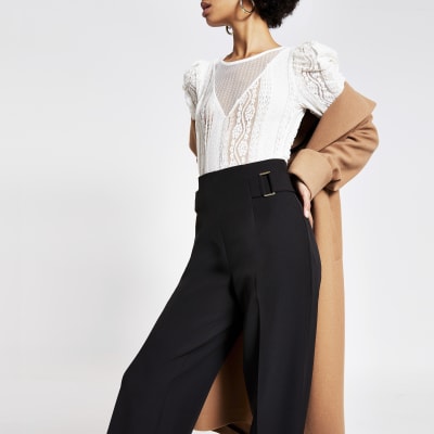 Black buckle side wide leg trousers