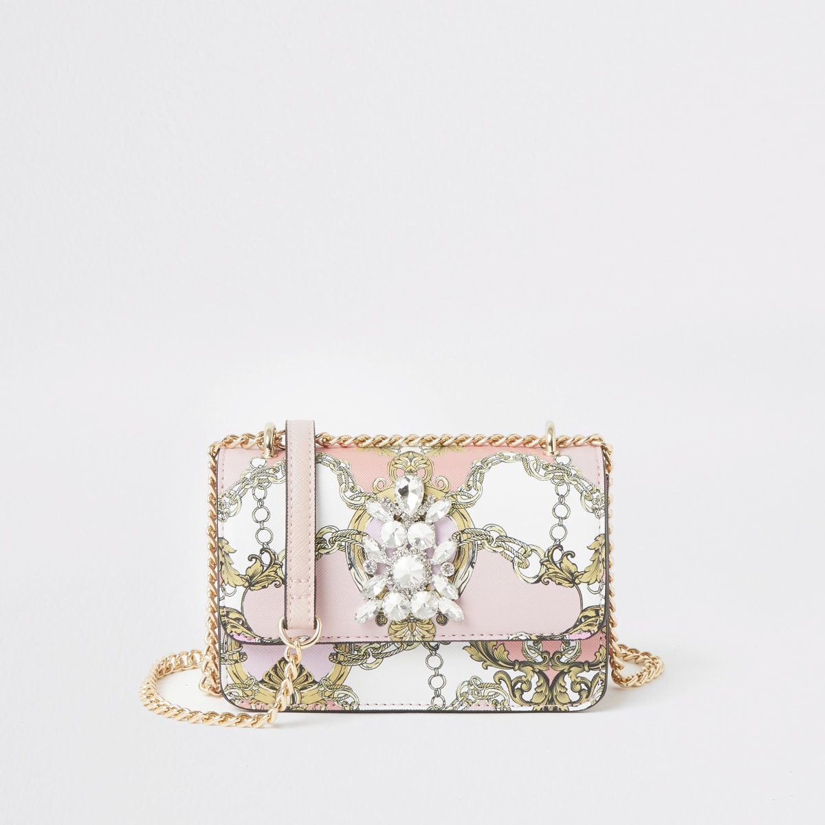 Pink printed jewel embellish cross body bag