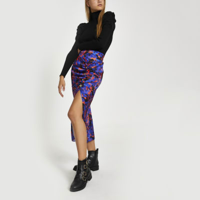 Blauwe midi-rok met ruches en bloemenprint
