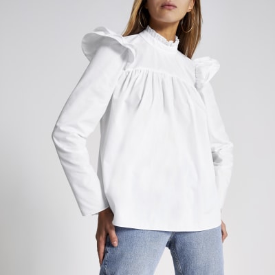 Weiße, gesmokte Popeline-Bluse mit langen Ärmeln