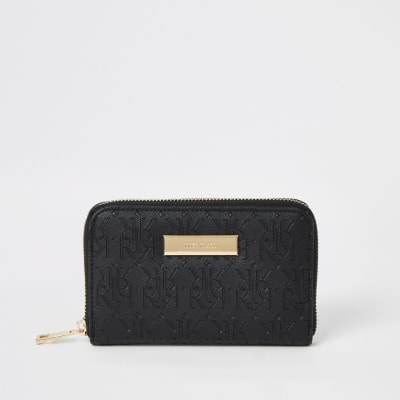 Mini portefeuille noir zippé avec monogramme RI en relief