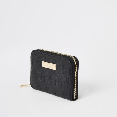 Mini portefeuille noir zippé avec monogramme RI en relief