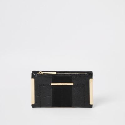 Black croc embossed mini fold out purse