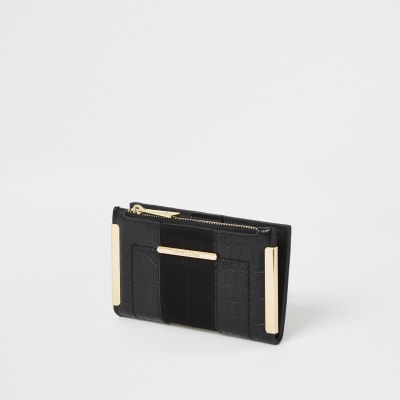 Black croc embossed mini fold out purse