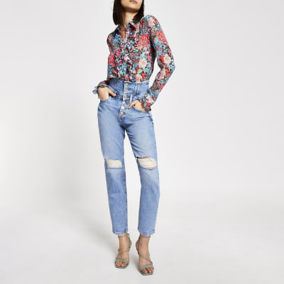 Blaue Jeans im Used-Look mit hohem Korsettbund