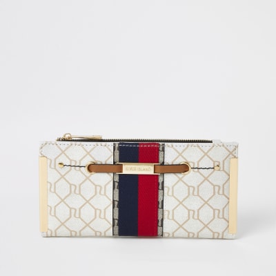 Beige gestreepte uitvouwbare portemonnee met RI-monogram