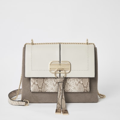 Donkerbeige crossbodytas met slot voorop