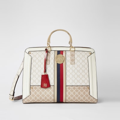 Beige Shopper-Tasche mit RI-Monogramm und Metallgriff