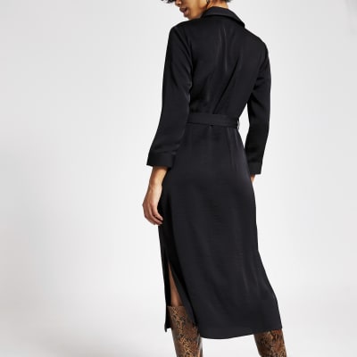 Black tie belted long sleeve midi shirt dress
