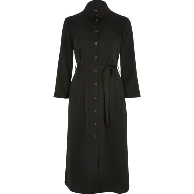Black tie belted long sleeve midi shirt dress