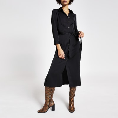 Black tie belted long sleeve midi shirt dress