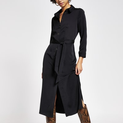 Black tie belted long sleeve midi shirt dress