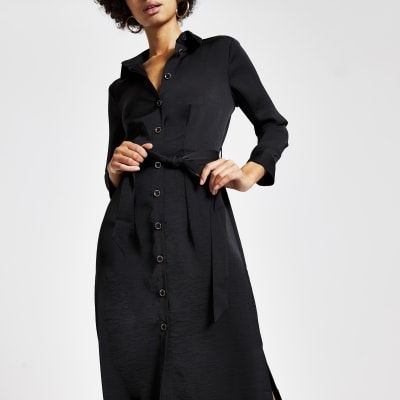 Black tie belted long sleeve midi shirt dress
