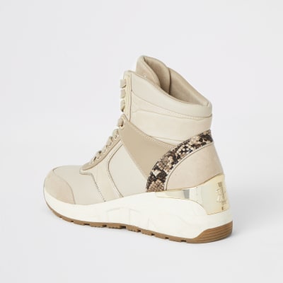 Beige High-Top-Sneaker zum Schnüren mit Keilabsatz
