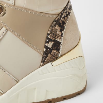 Beige High-Top-Sneaker zum Schnüren mit Keilabsatz