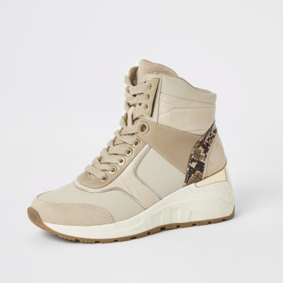 Beige High-Top-Sneaker zum Schnüren mit Keilabsatz