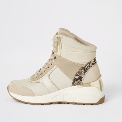 Beige High-Top-Sneaker zum Schnüren mit Keilabsatz