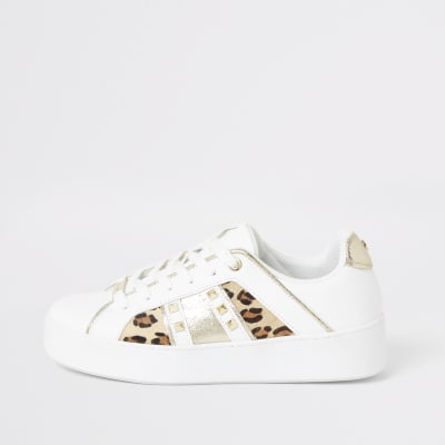 white trainers with leopard print stripe