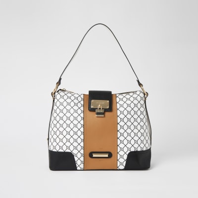 Weiße Beuteltasche mit RI-Monogramm und vorderem Verschluss