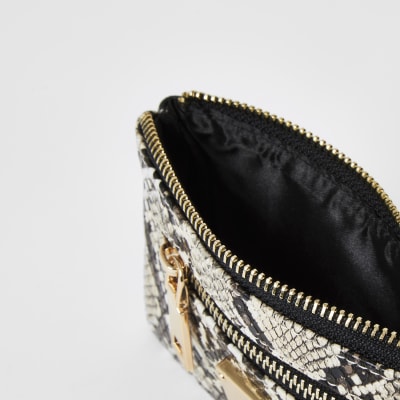 Beige snake printed mini zip pouch